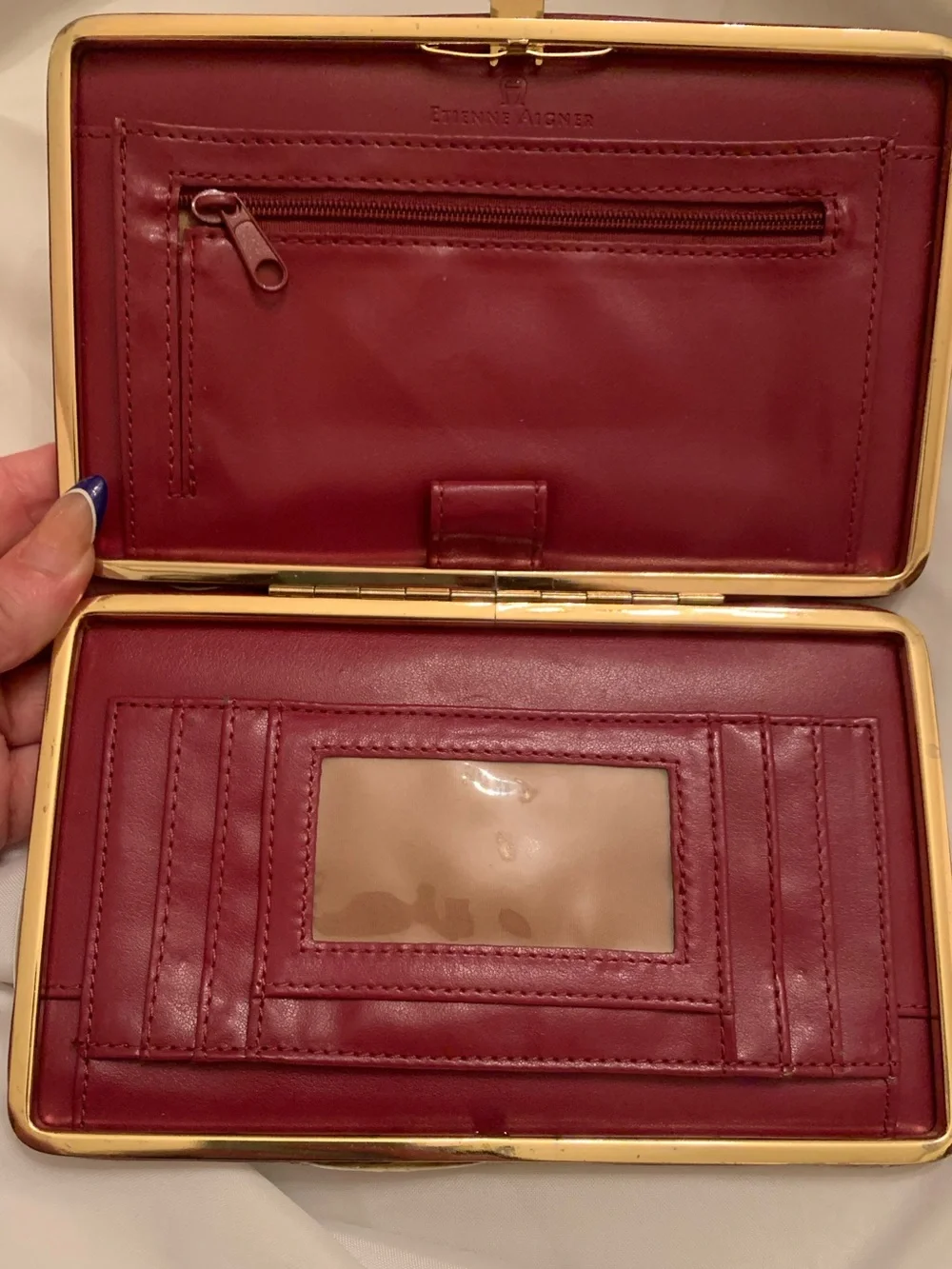 Vintage Etienne Aigner Beige Logo-Print Clutch with Navy & Burgundy Accents